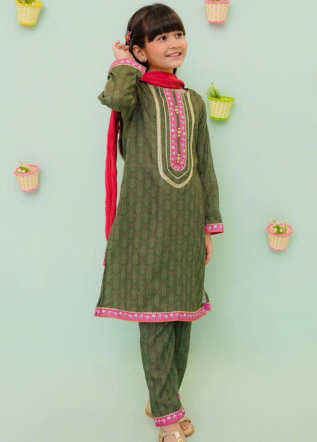 Ochre Cotton Printed 3 Piece Suit for Girls -  OFW-PC-14