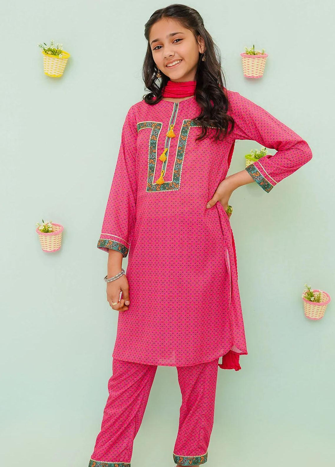 Ochre Cotton Printed 3 Piece Suit for Girls -  OFW-PC-15