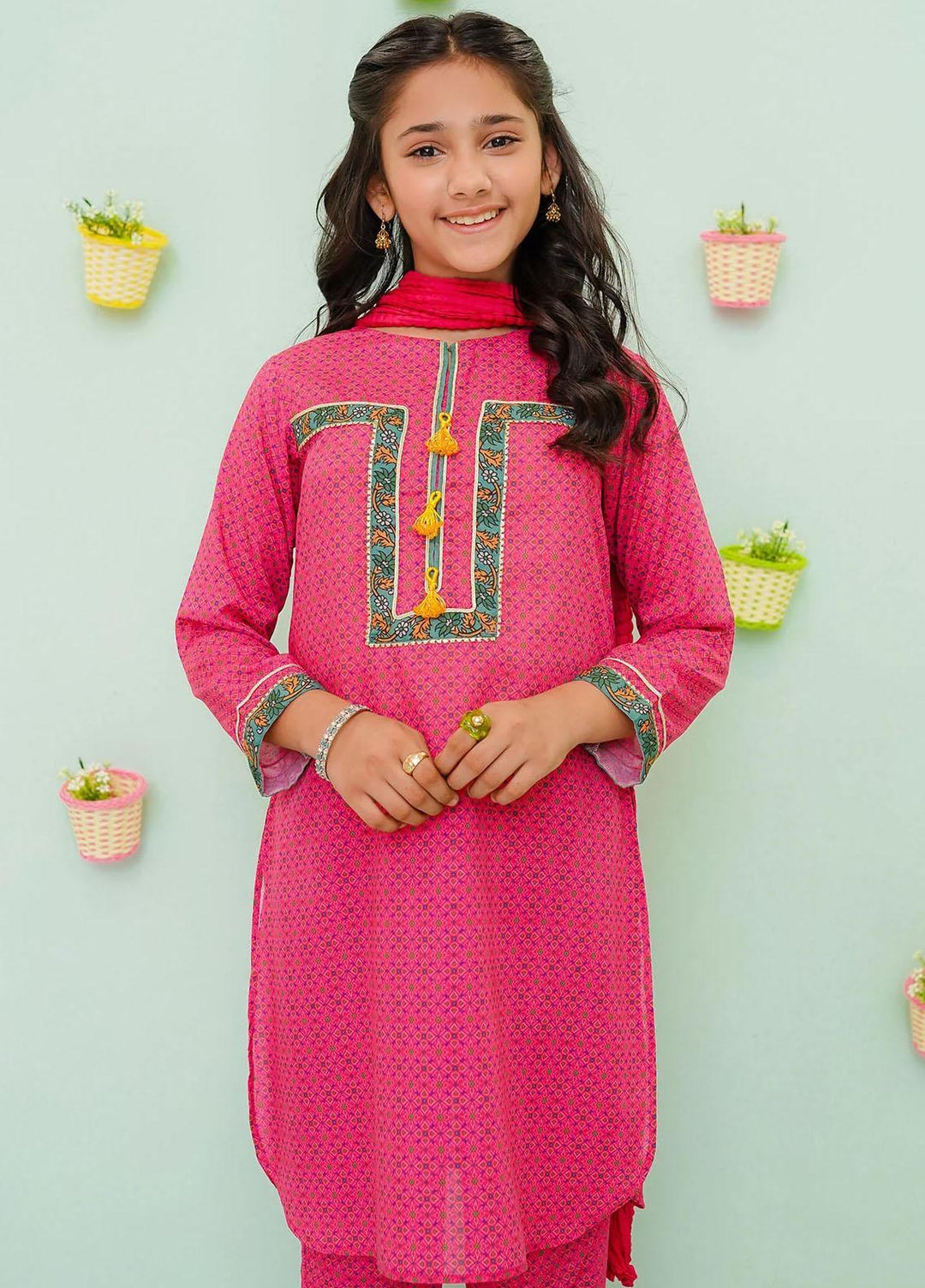 Ochre Cotton Printed 3 Piece Suit for Girls -  OFW-PC-15