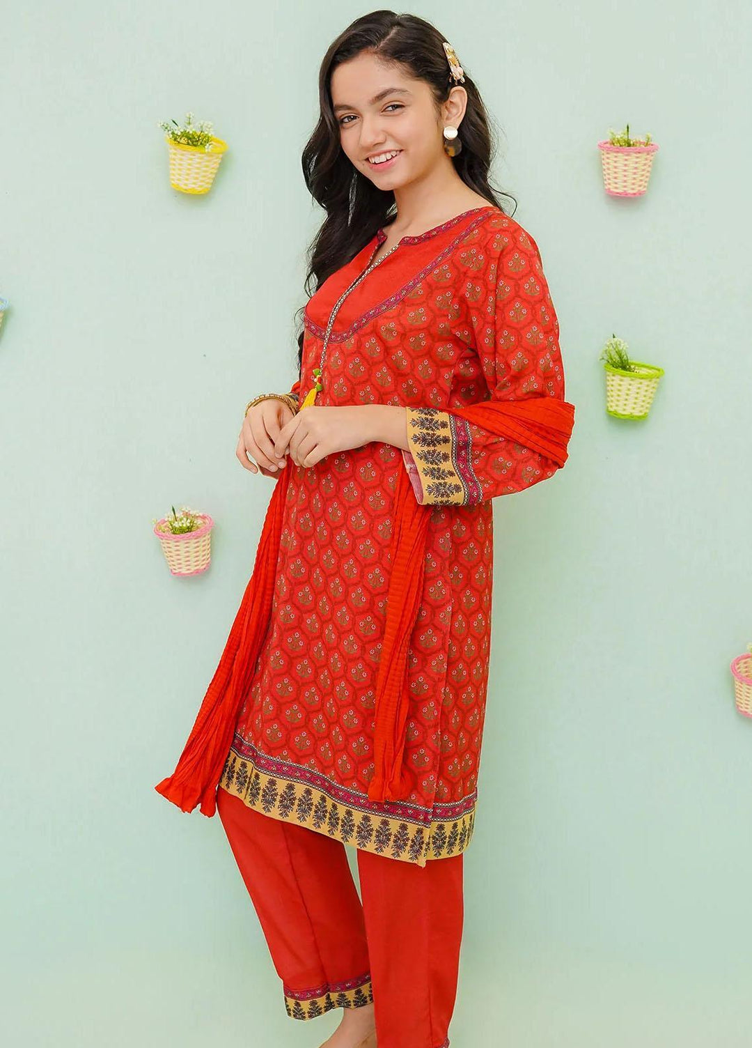 Ochre Cotton Printed 3 Piece Suit for Girls -  OFW-PC-16