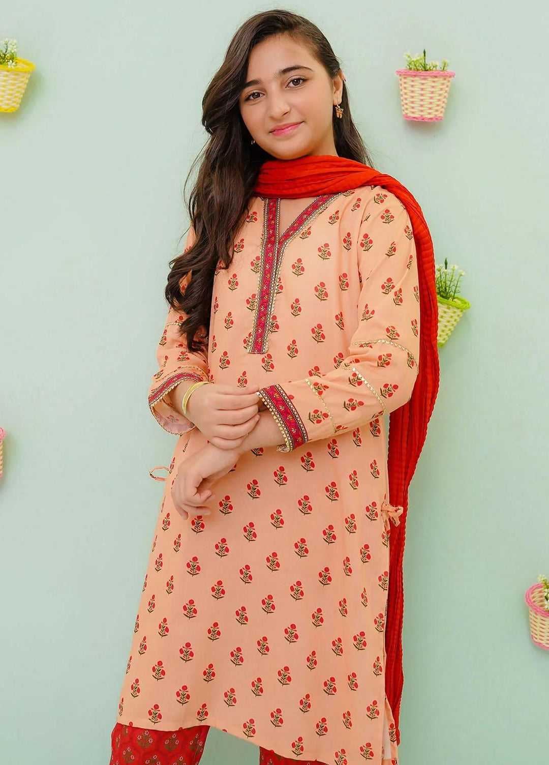 Ochre Cotton Printed 3 Piece Suit for Girls -  OFW-PC-17