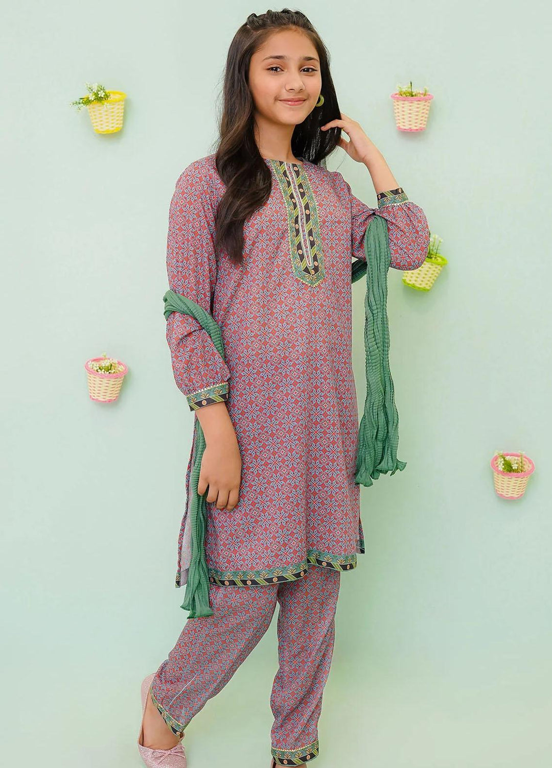 Ochre Cotton Printed 3 Piece Suit for Girls -  OFW-PC-19