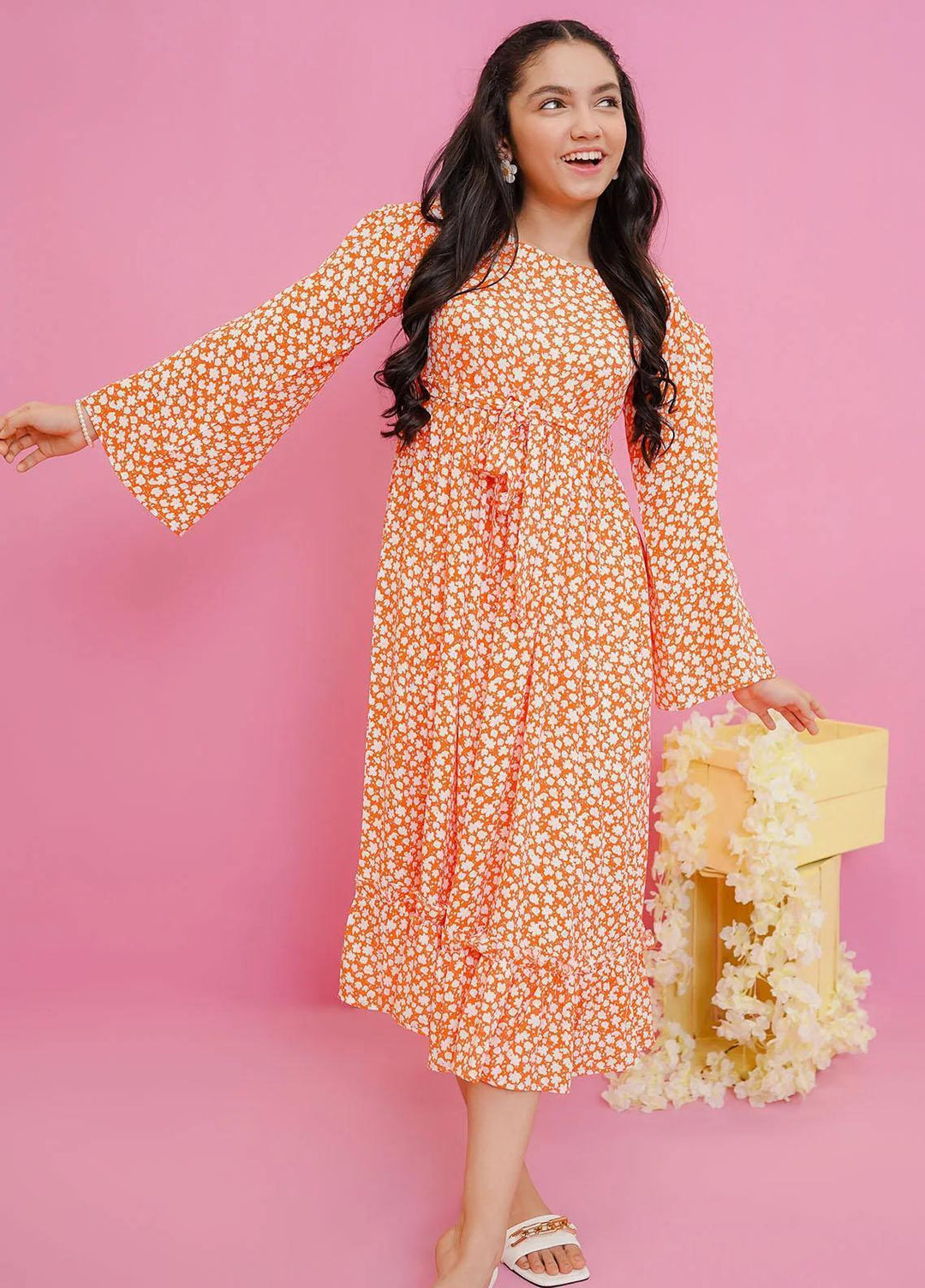 Ochre Crepe Western Dress for Girls -  OWT-610
