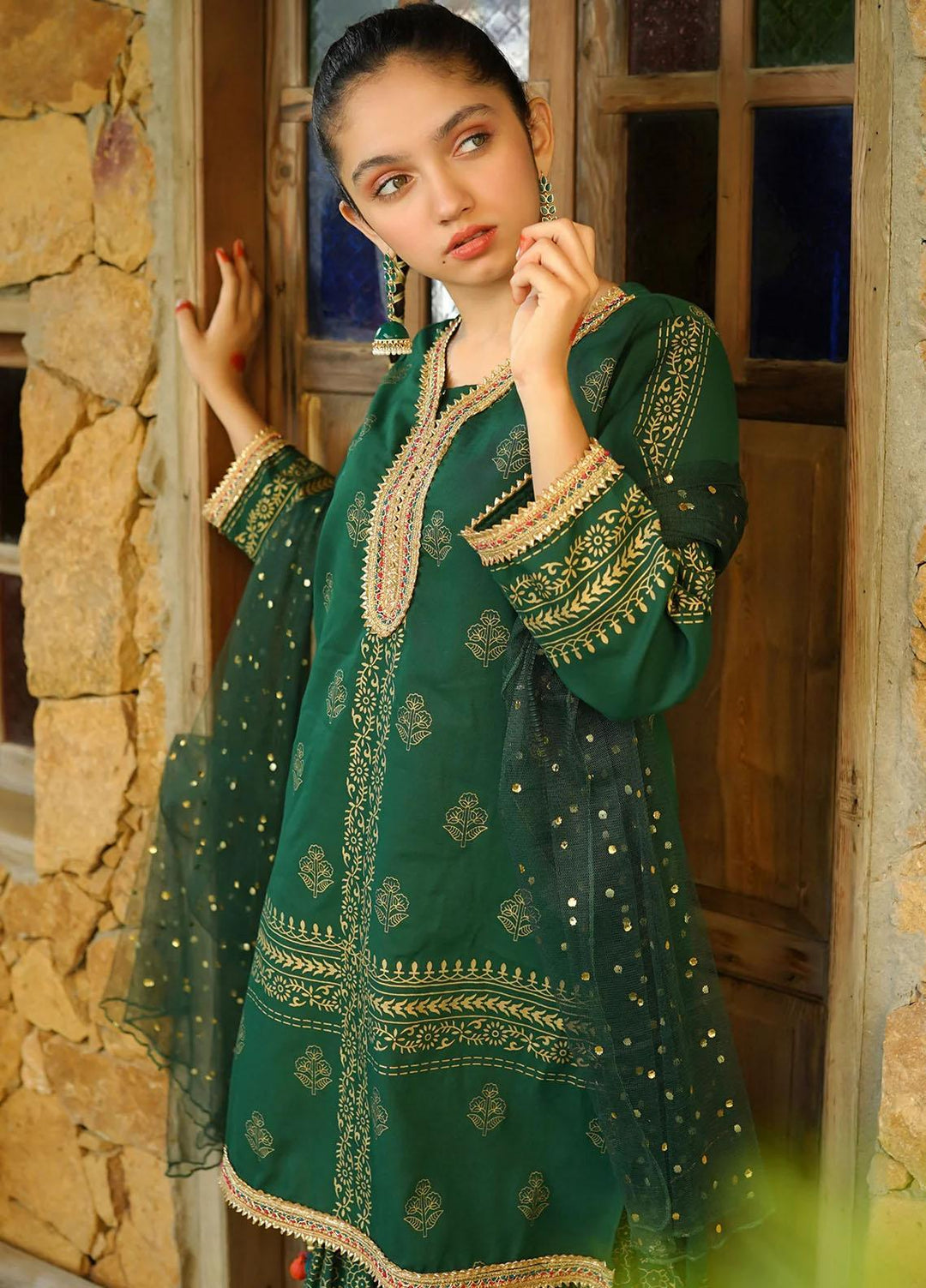 Ochre Cotton Fancy 3 Piece Suit for Girls -  OFW-PC-10