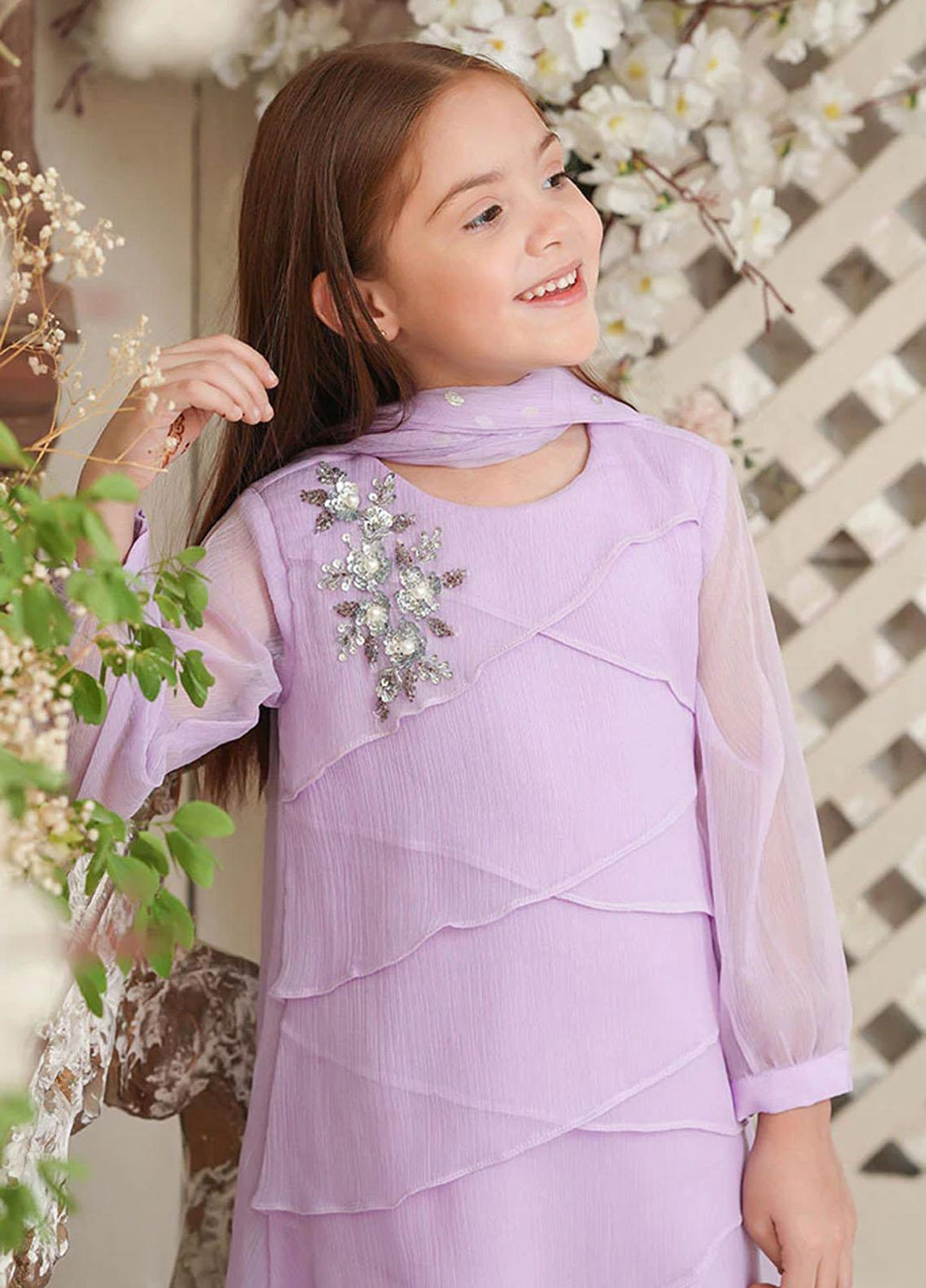 Ochre Chiffon Fancy 3 Piece Suit for Girls -  OFW-AC-02