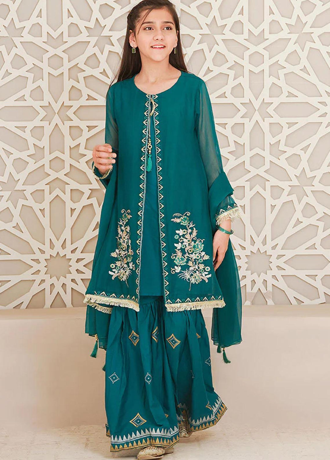 Ochre Chiffon Fancy 3 Piece Suit for Girls -  OFW-EM-01