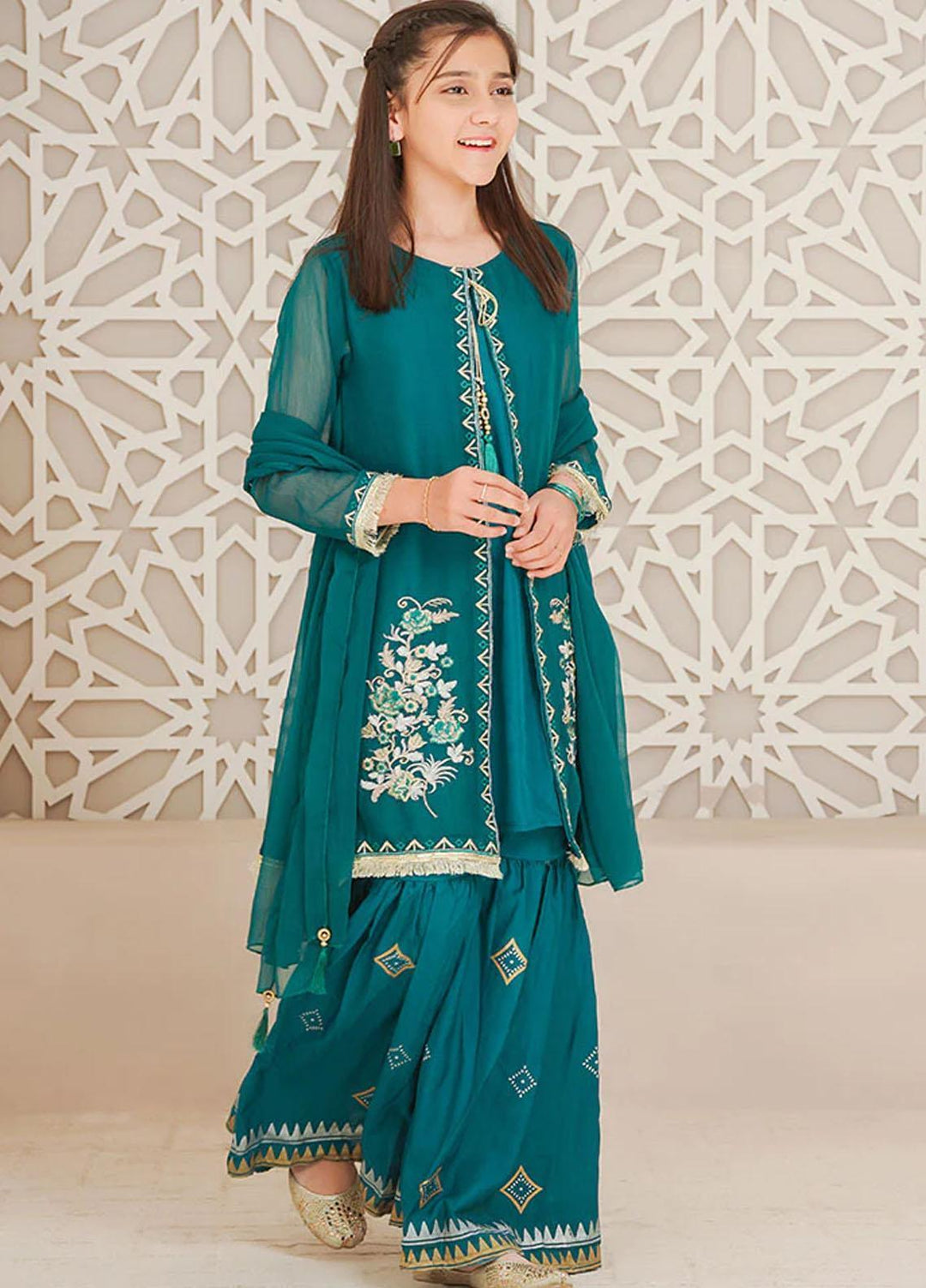 Ochre Chiffon Fancy 3 Piece Suit for Girls -  OFW-EM-01