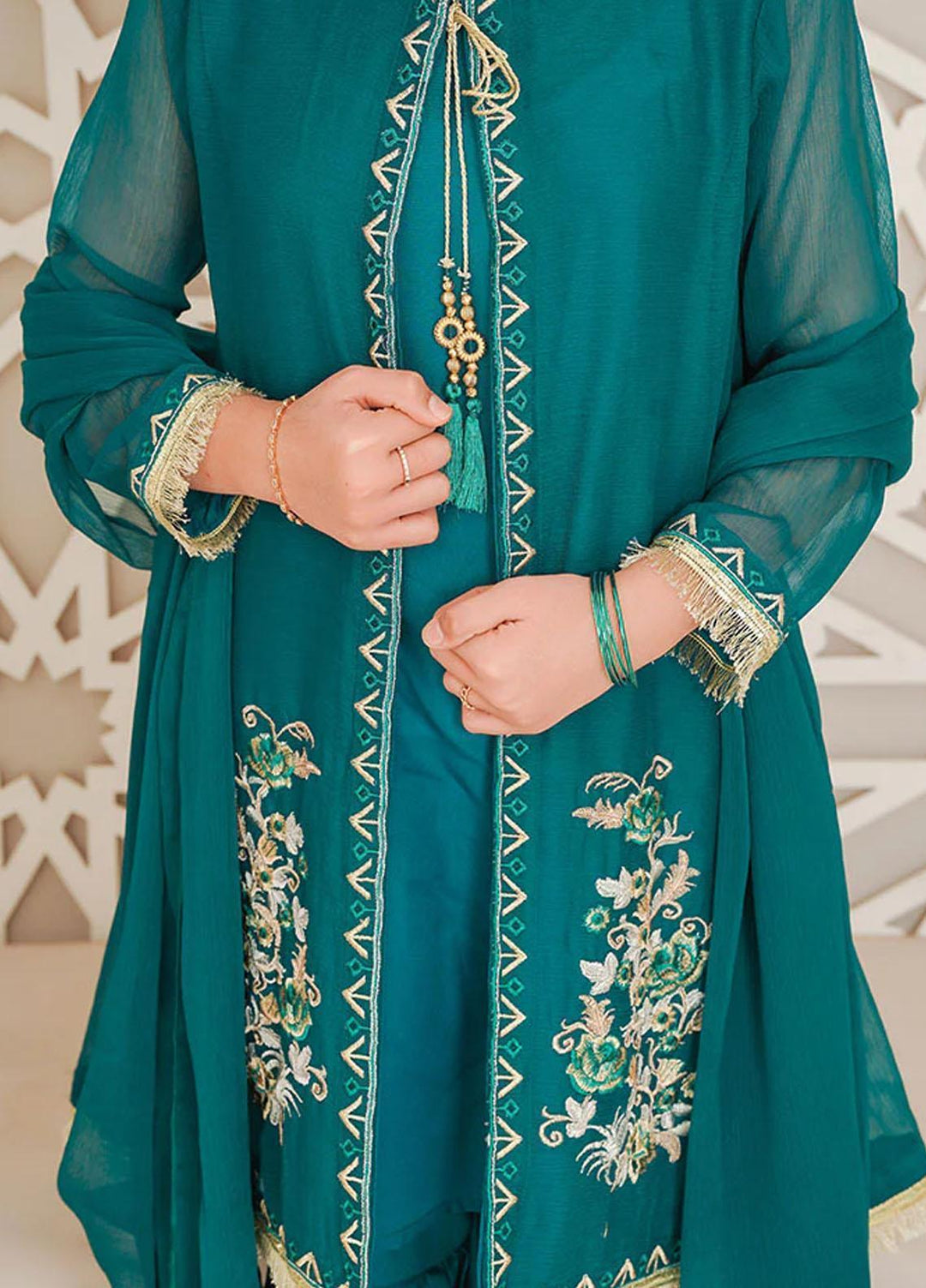 Ochre Chiffon Fancy 3 Piece Suit for Girls -  OFW-EM-01