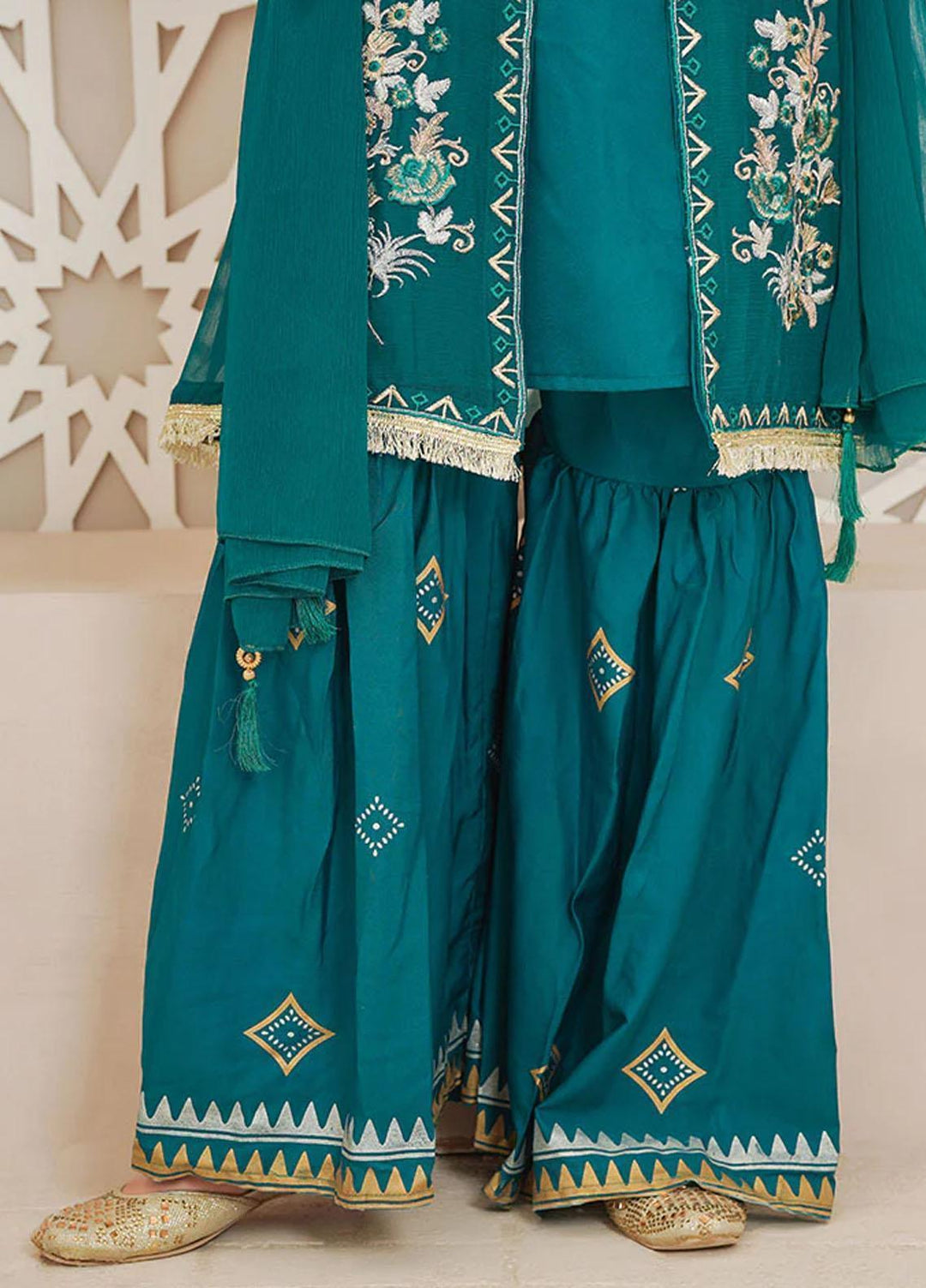 Ochre Chiffon Fancy 3 Piece Suit for Girls -  OFW-EM-01