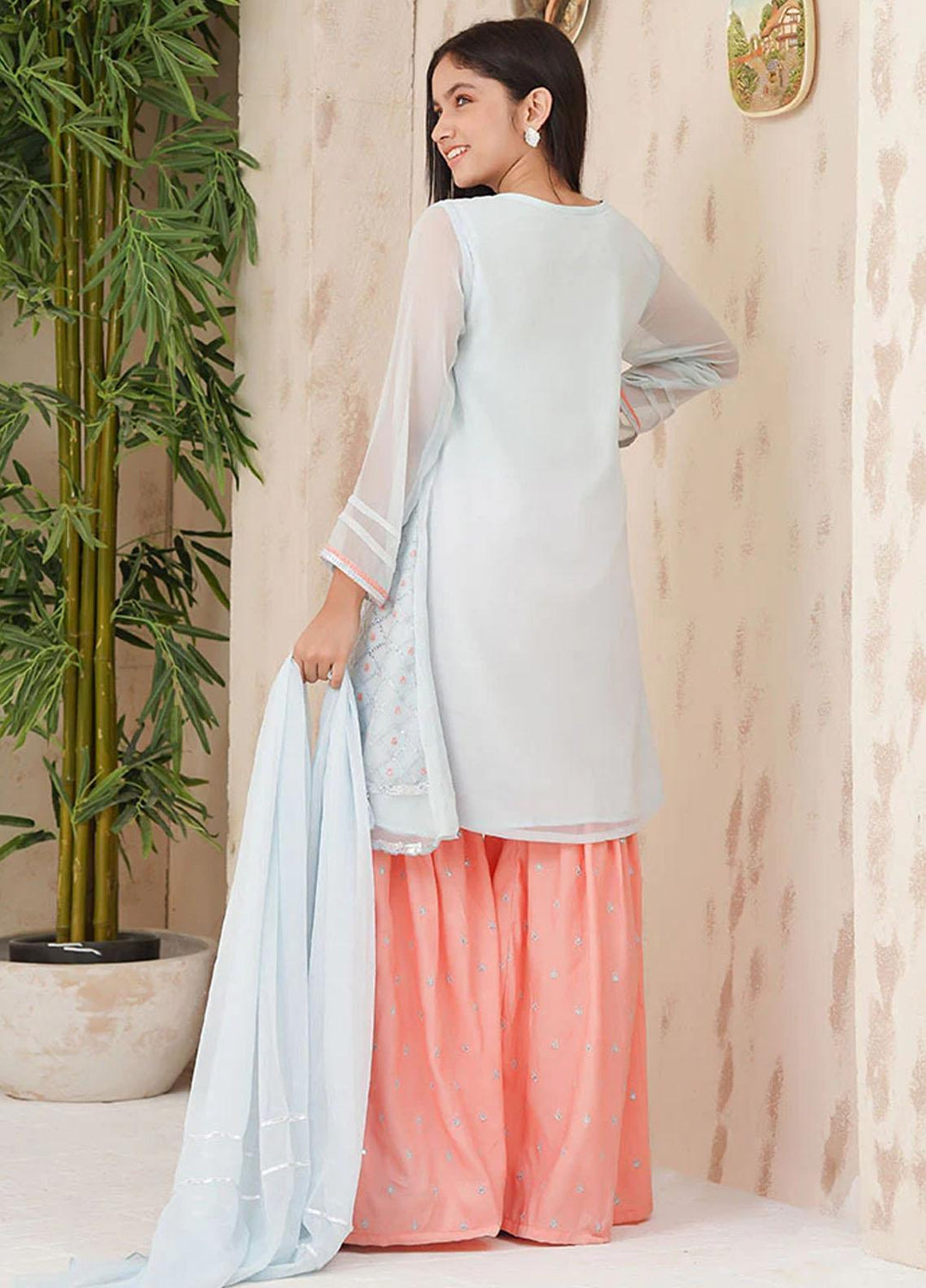 Ochre Chiffon Fancy 3 Piece Suit for Girls -  OFW-EM-04