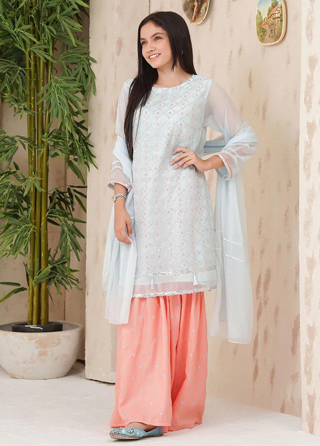 Ochre Chiffon Fancy 3 Piece Suit for Girls -  OFW-EM-04