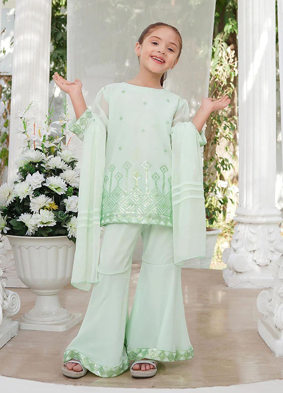 Ochre Chiffon Fancy 3 Piece Suit for Girls -  OFW-EM-05