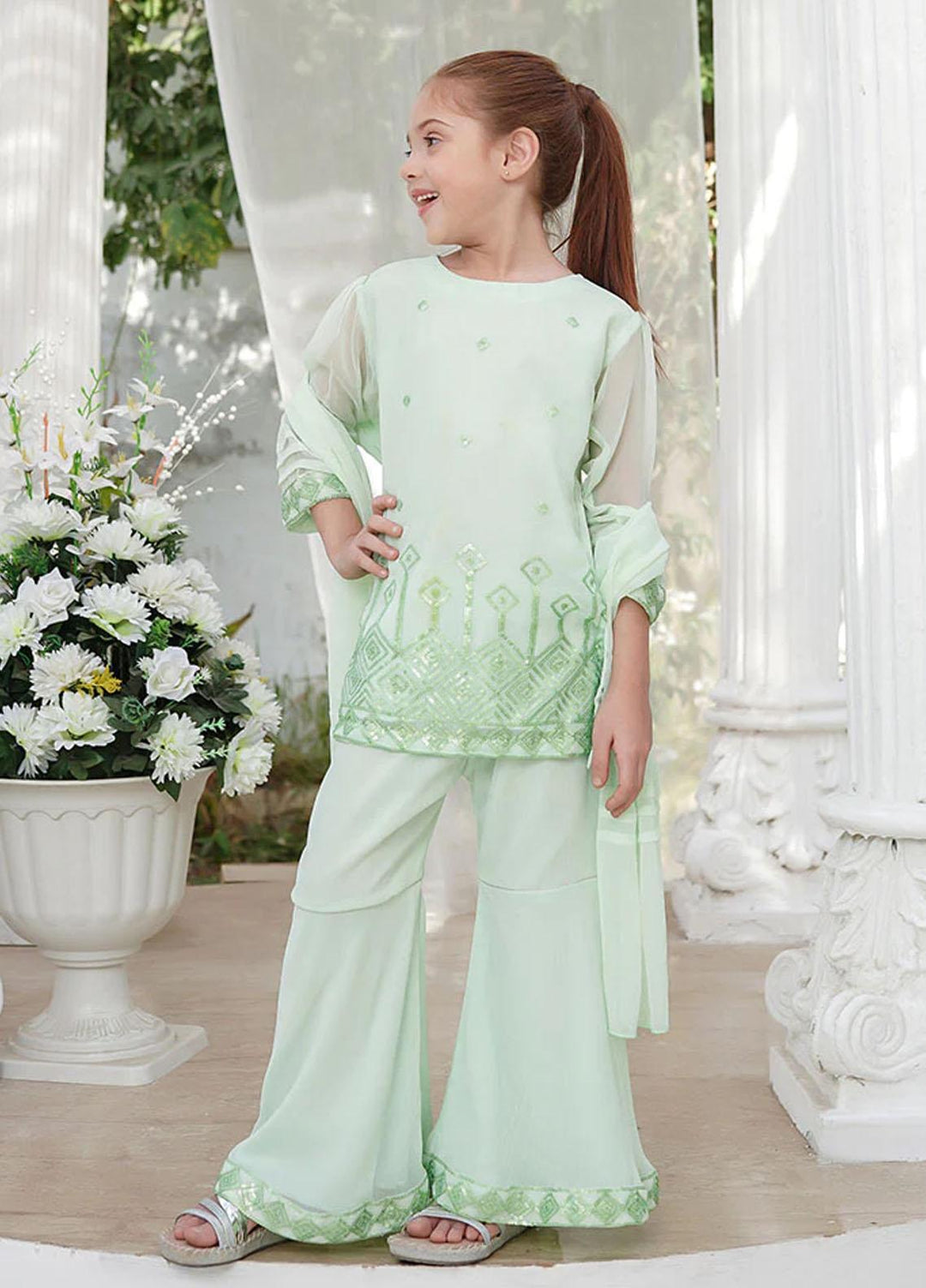 Ochre Chiffon Fancy 3 Piece Suit for Girls -  OFW-EM-05