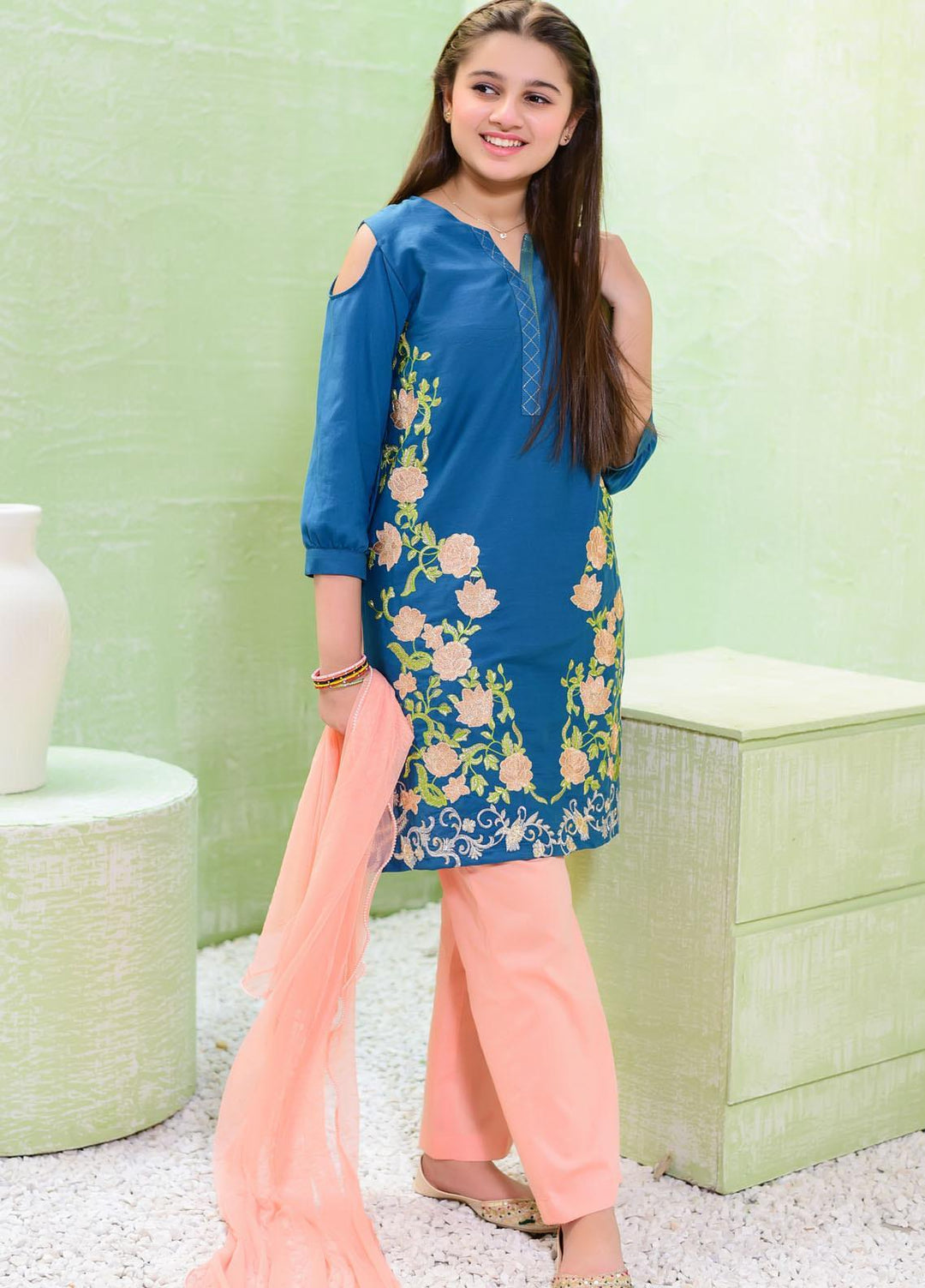 Ochre Cotton Fancy Girls 3 Piece -  OFK-771 Teal Blue
