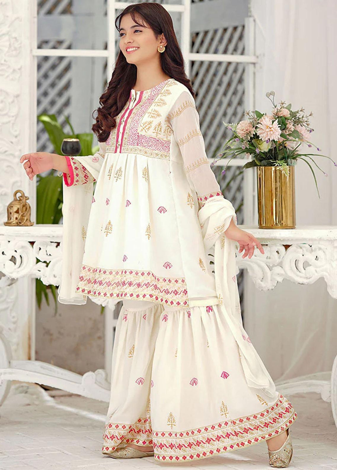 Ochre Chiffon Printed 3 Piece for Girls -  OFW 514