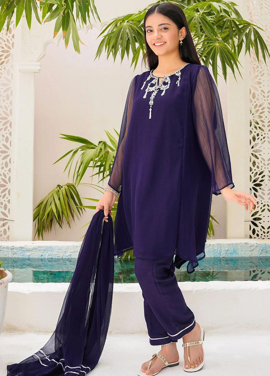 Ochre Chiffon Eastern 3 Piece Suit for Girls -  OFW-AC-34