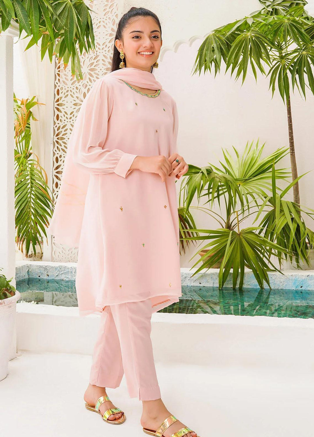 Ochre Chiffon Eastern 3 Piece Suit for Girls -  OFW-AC-35