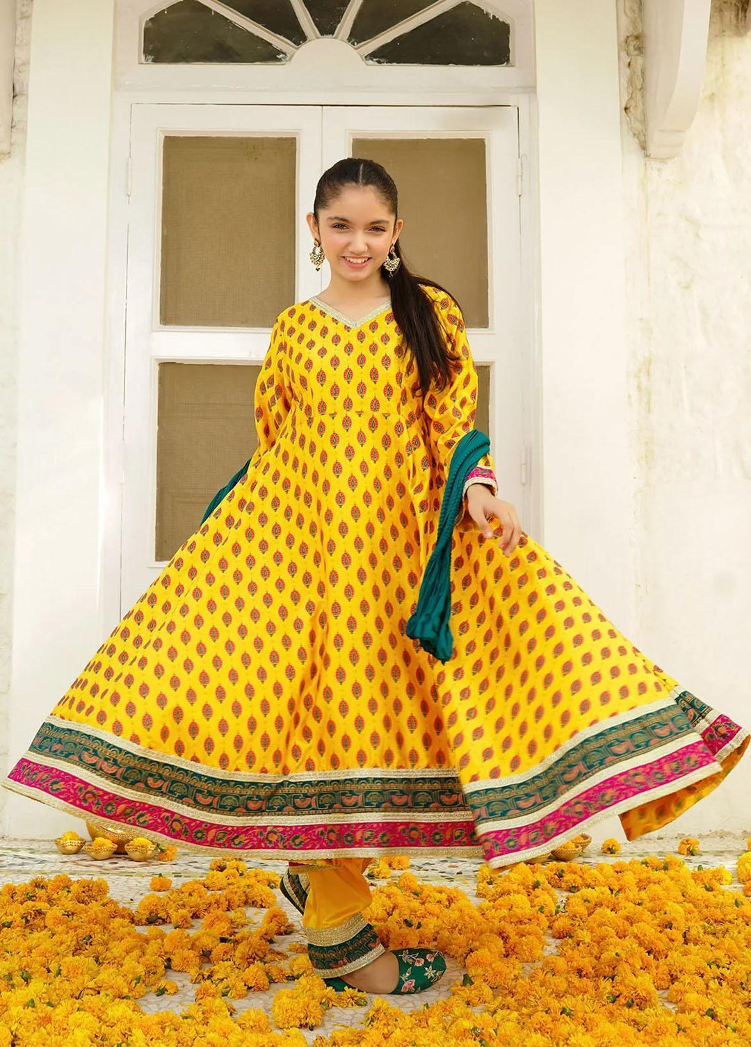 Ochre Charmeuse Printed 3 Piece Suit for Girls -  OFW-MHD-04