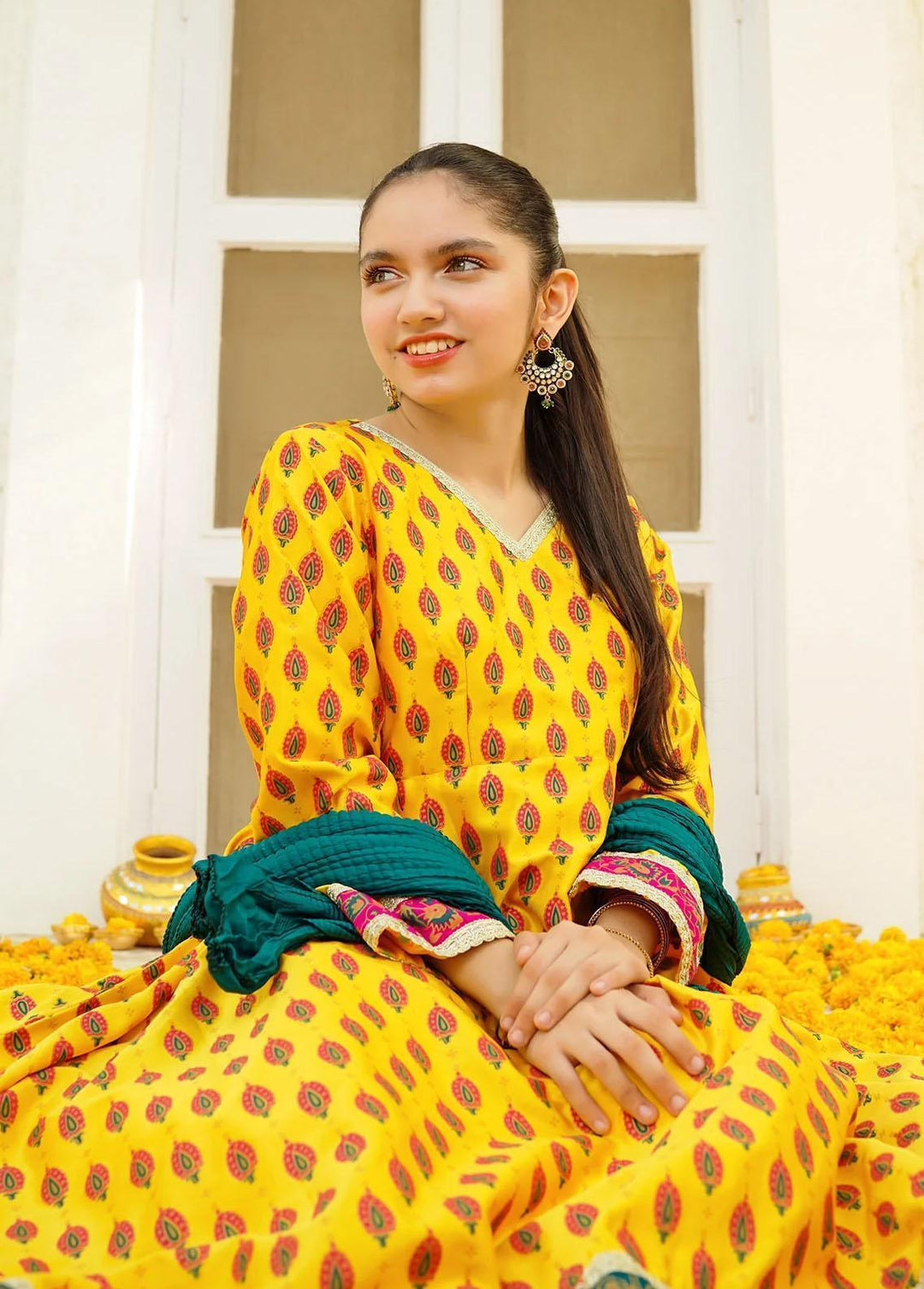 Ochre Charmeuse Printed 3 Piece Suit for Girls -  OFW-MHD-04