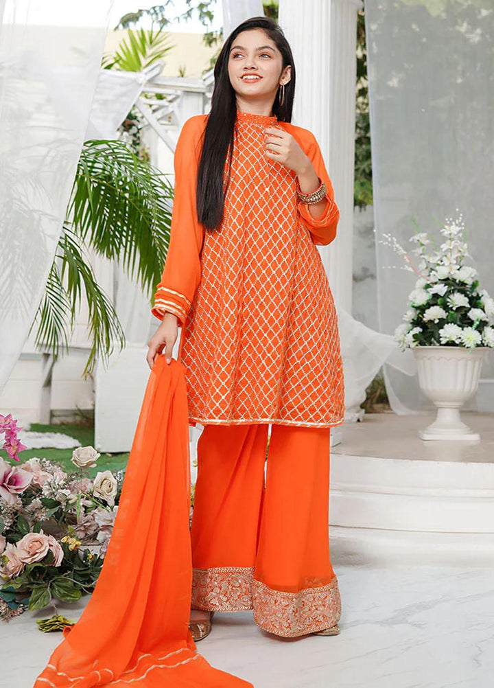 Ochre Chiffon Fancy 3 Piece Suit for Girls -  OFW-EM-06