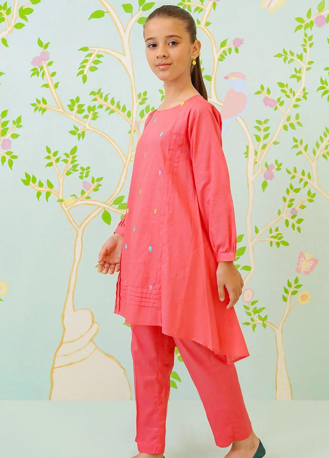 Ochre Cotton Embroidered Co-Ords for Girls -  OFW-COR-35