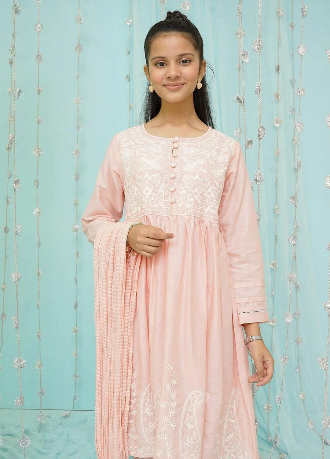 Ochre Cotton Embroidered 3 Piece Suit for Girls -  OFW-EM-11