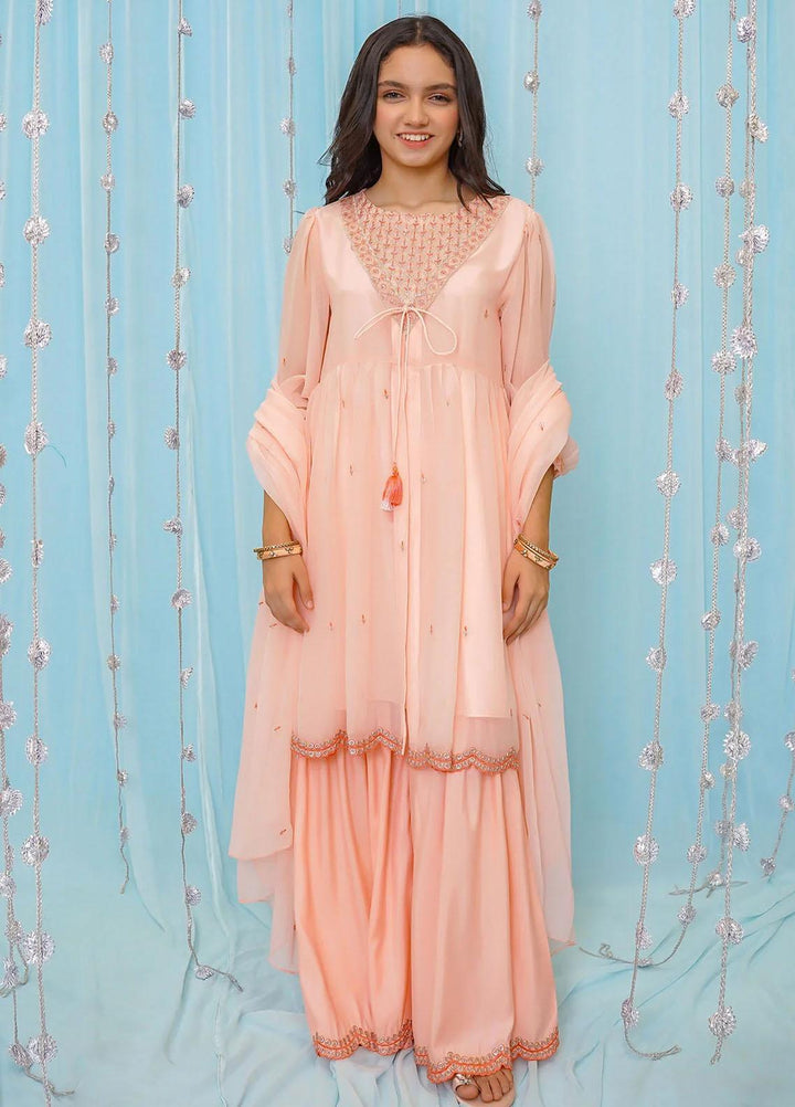 Ochre Chiffon Embroidered 3 Piece Suit for Girls -  OFW-EM-14