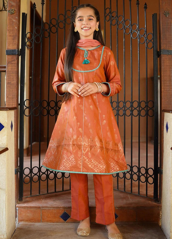 Ochre Cotton Jacquard 3 Piece Suit for Girls -  OFW-JB-16