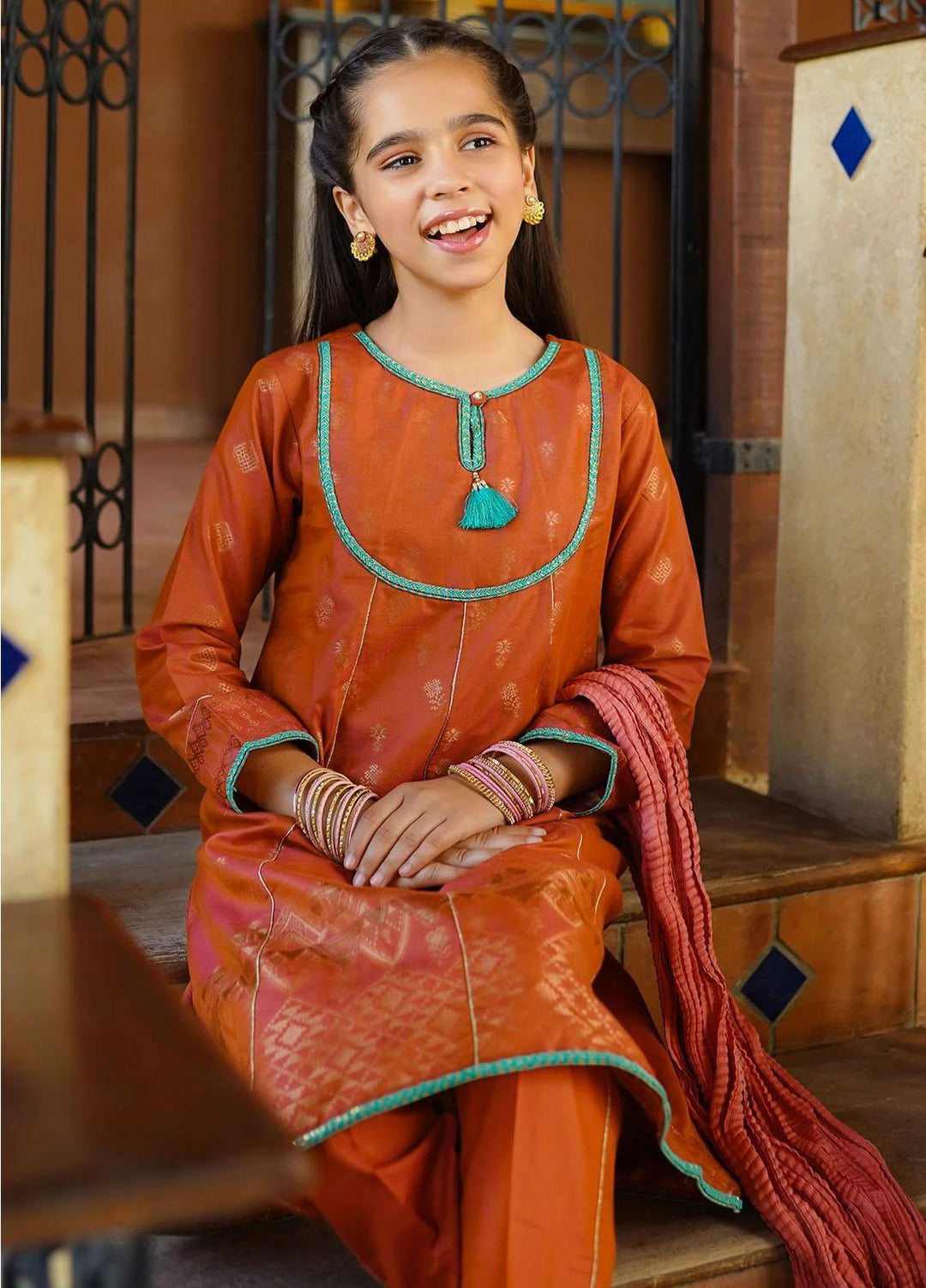 Ochre Cotton Jacquard 3 Piece Suit for Girls -  OFW-JB-16