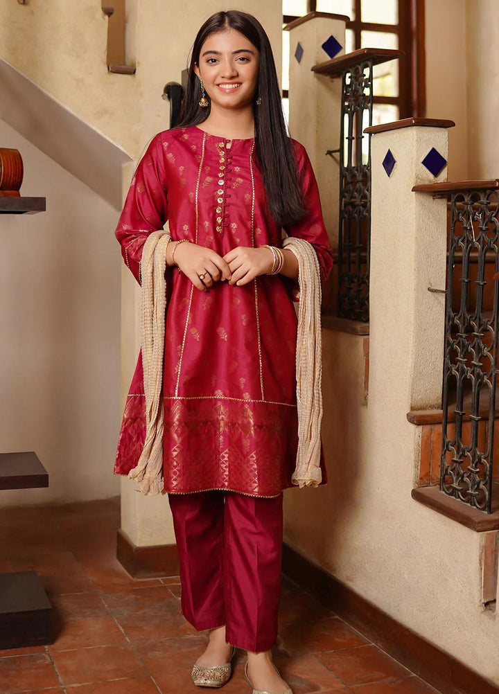 Ochre Cotton Jacquard 3 Piece Suit for Girls -  OFW-JB-17