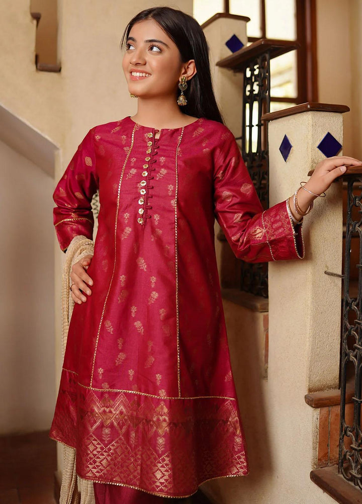 Ochre Cotton Jacquard 3 Piece Suit for Girls -  OFW-JB-17