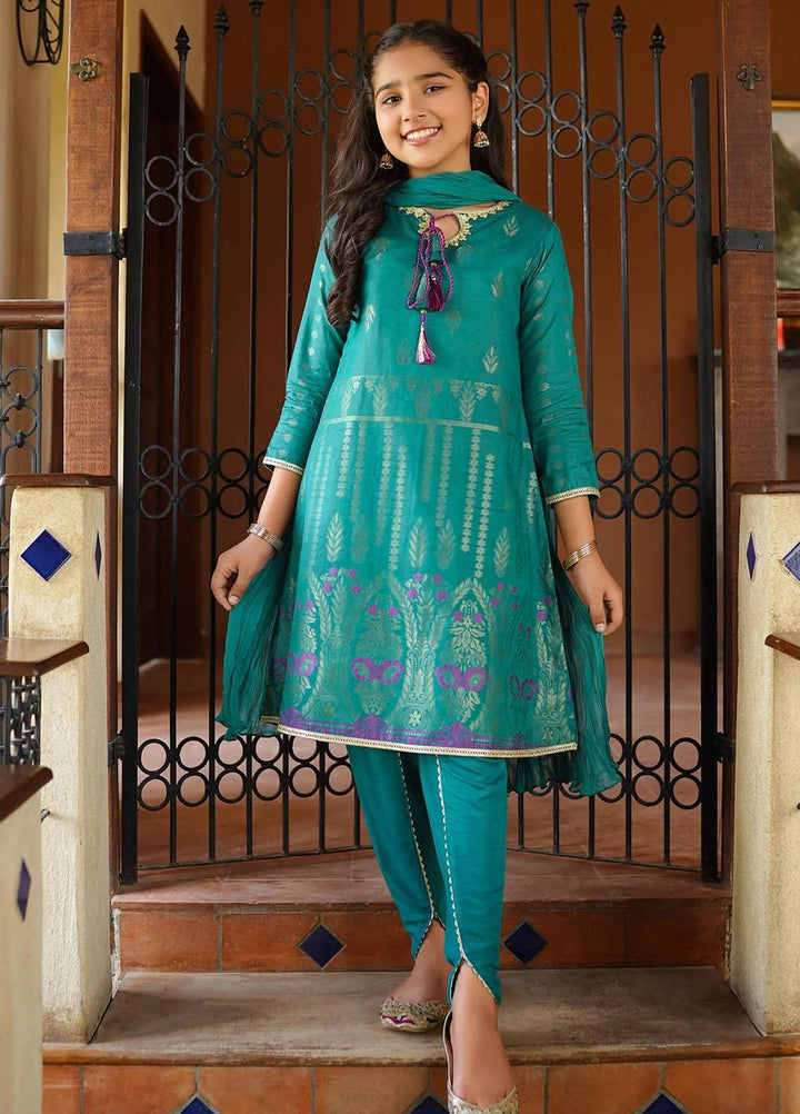 Ochre Cotton Jacquard 3 Piece Suit for Girls -  OFW-JB-23