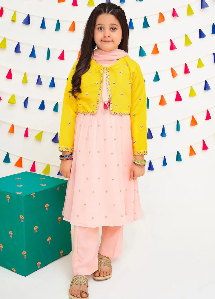 Ochre Pret Embroidered Chiffon 3 Piece Suit For Kids INCF-07