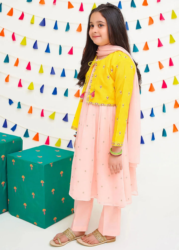 Ochre Pret Embroidered Chiffon 3 Piece Suit For Kids INCF-07