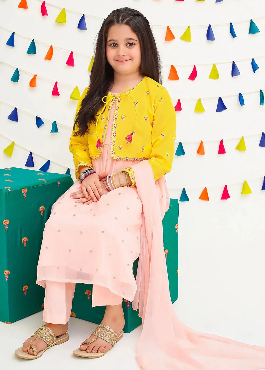 Ochre Pret Embroidered Chiffon 3 Piece Suit For Kids INCF-07