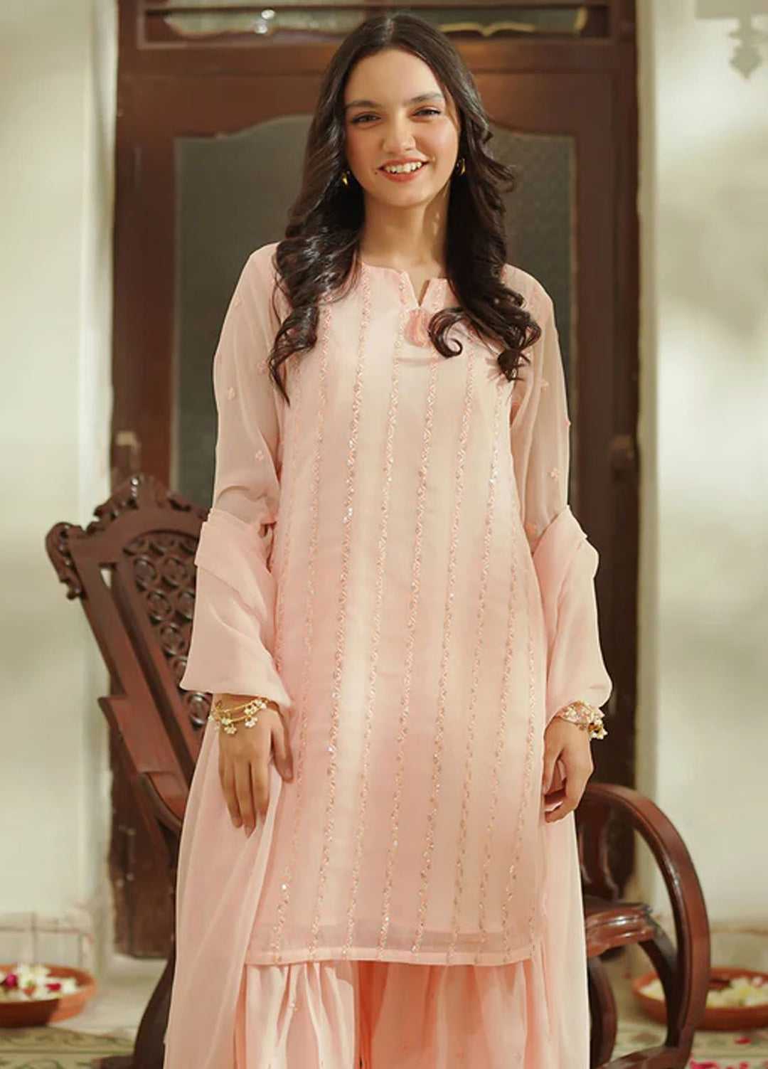 Ochre Pret Embroidered Chiffon 3 Piece Suit OFW-EM-34