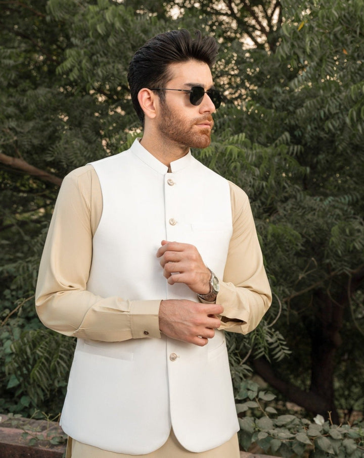 Muraqsh Ready To Wear Solids Cotton Men Off White Suiting Waistcoat Round Cut MURW - Summer Collection