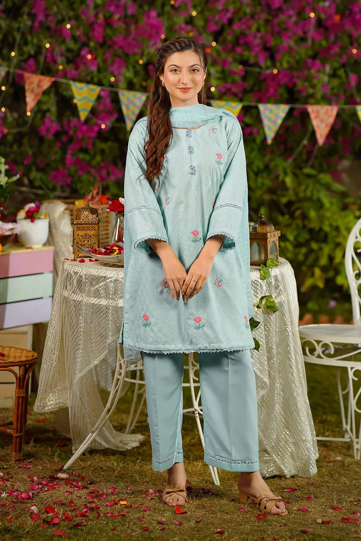 Ochre Women RTW Chikankari 3 Piece Suit Blue Chikankari Embroidered 3 Pc Suit - Festive Collection