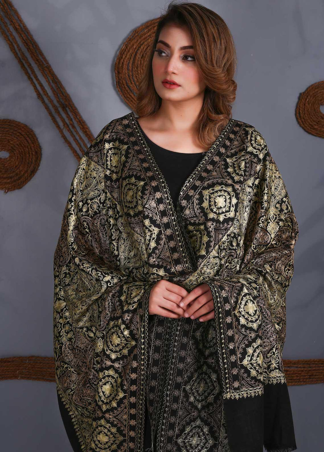 Sanaulla Exclusive Range Embroidered Pashmina  Shawl SU21P Zari Aari 324005 - Pashmina Shawls