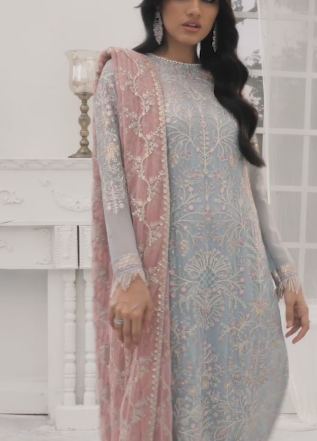 Zarif Embroidered Chiffon Suits Unstitched 3 Piece ZR25UF ZDL-04 Blue Mist - Luxury Collection