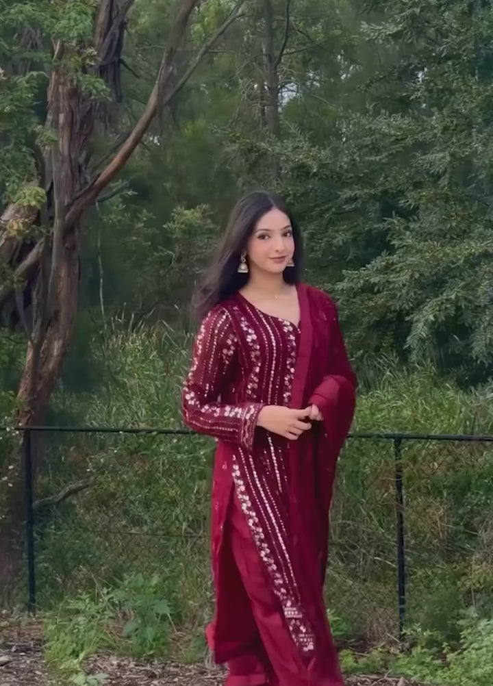 Abaan Zohan Women RTW Embroidered Chiffon 3 Piece Suit Chandni Maroon - Festive Collection