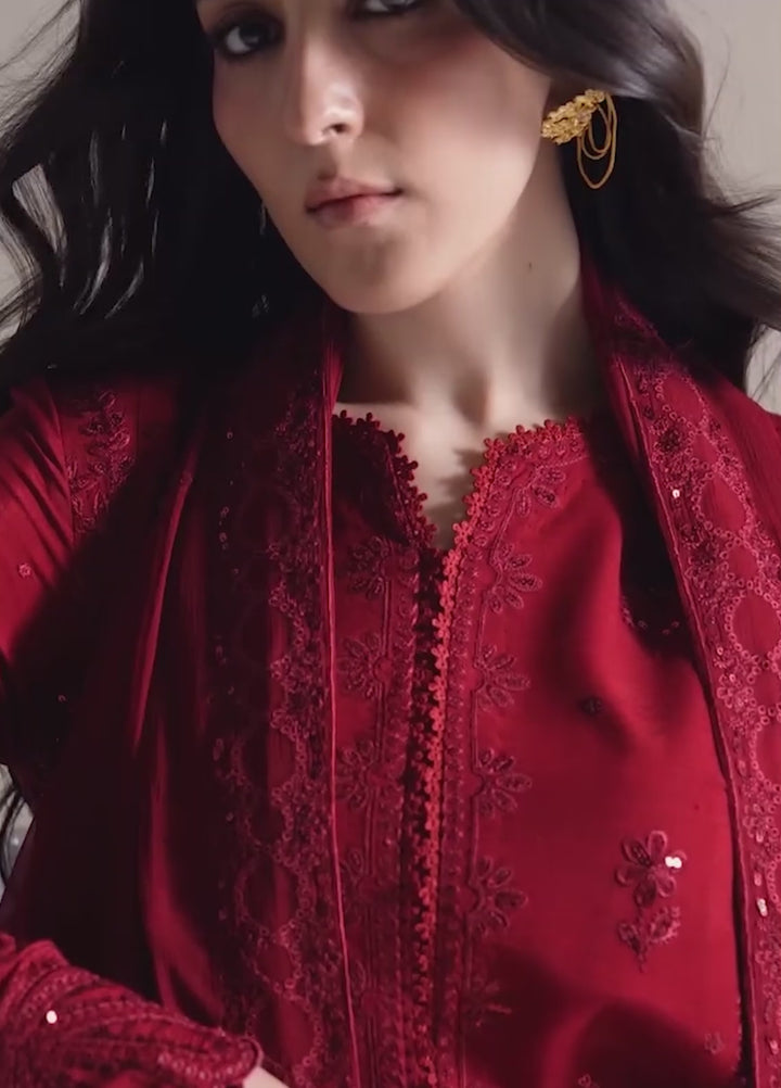 Vera Unstitched Embroidered Raw Silk 3 Piece Suit VR26URF Laal Crimson - Festive Collection