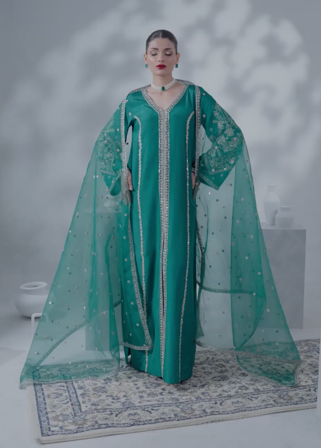 Soiree by Enzo Women RTW Hand work Silk 3 Piece Suit EMERALD WHISPER Festive Collection