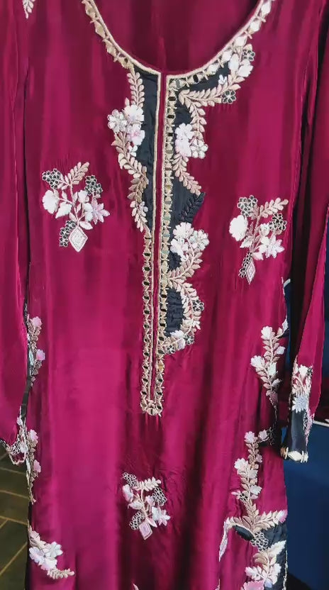 House of Nyyra Women RTW Embroidered Silk 2 Piece Suit Maroon Dahlia Summer Collection