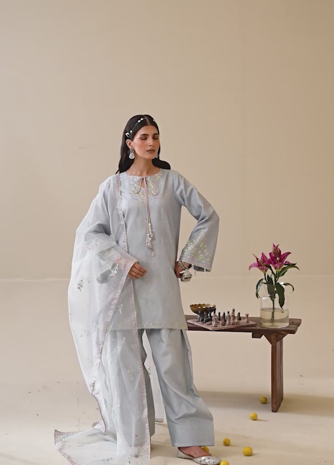 Lune Des Fleurs by Enzo RTW Embroidered Korean Silk 3 Piece Suit ESME Festive Collection