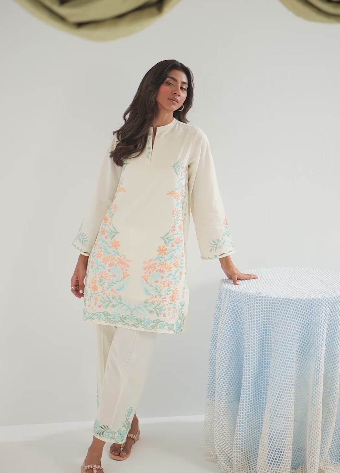 Pret Essentials by Sahar Womens RTW Embroidered Cambric 2 Piece Suit Opaline Flora - Casual Collection