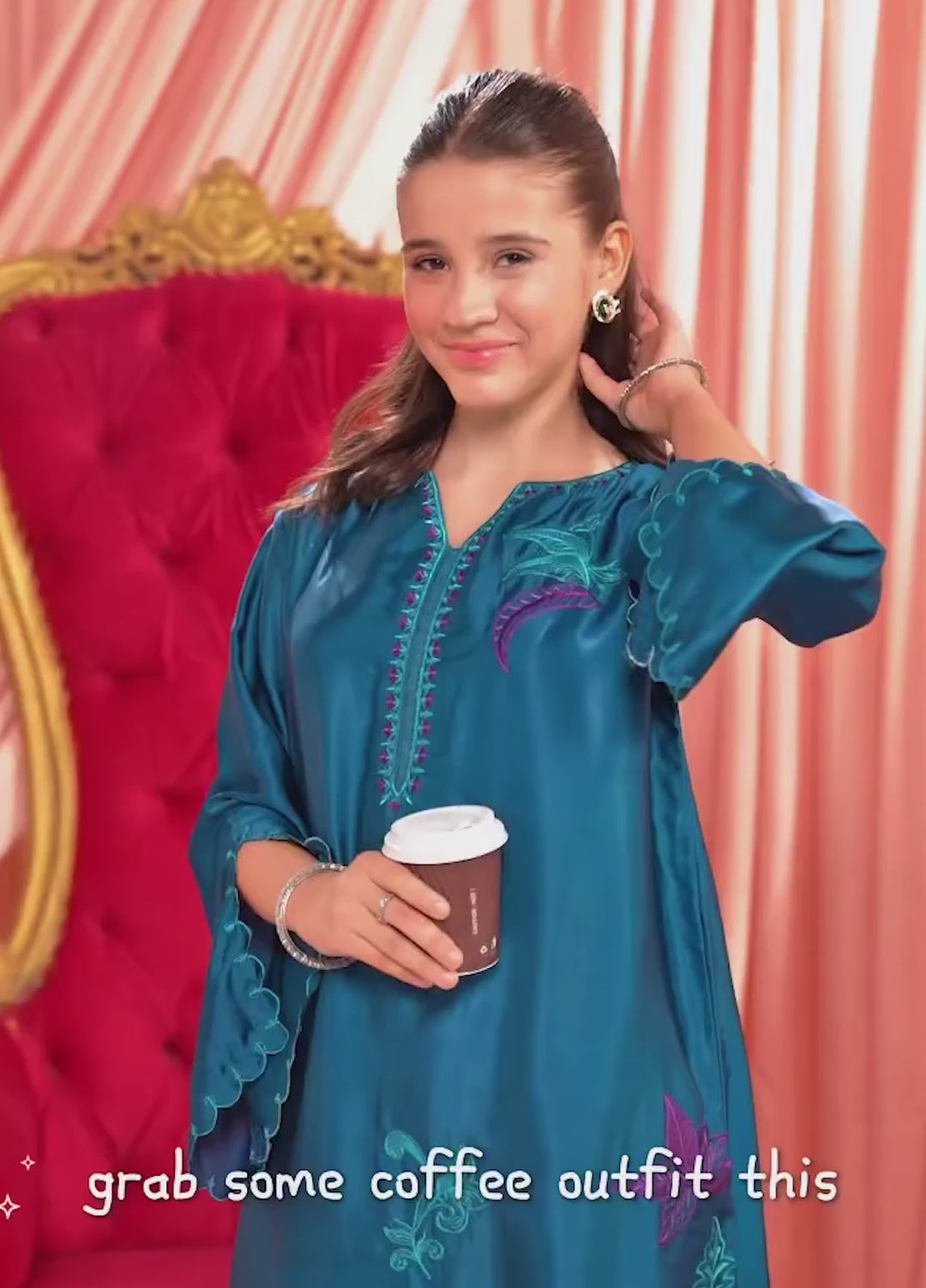 Sprinkles Girls RTW Embroidered Silk 1 Piece Suit Teal Blossom Festive Collection