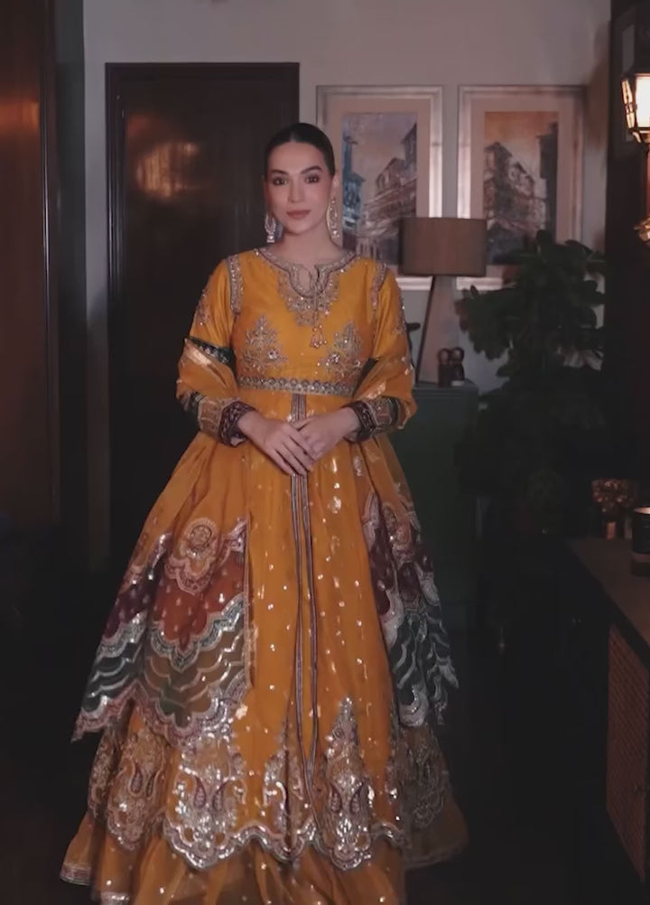 Diara Couture Pret Embroidered Net 3 Piece Suit US-607 Anarkali Mustard