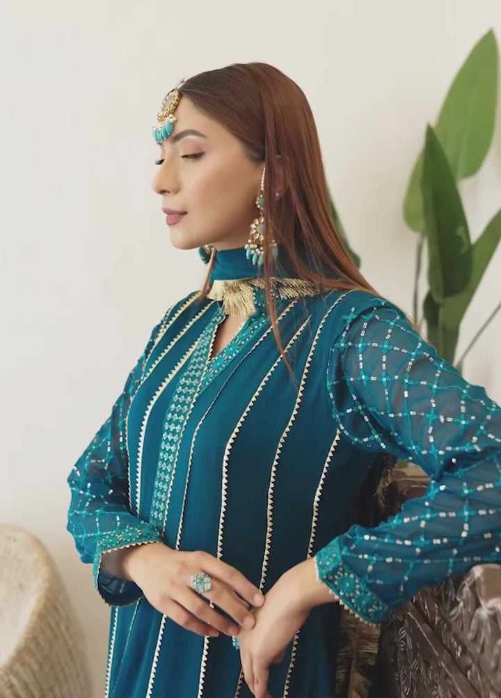 Manahils Pret Embroidered Chiffon 3 Piece Suit KURTI 106 Teal