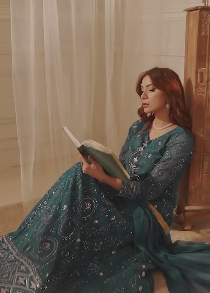 Manahils Pret Embroidered Chiffon 3 Piece Suit KURTI 098 Blue